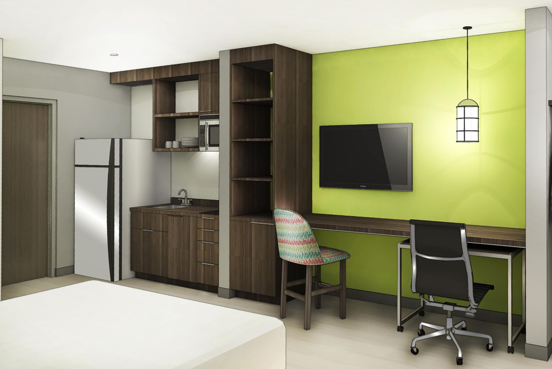 Modern furnished hotel room with kitchenette, desk and TV - ideal for short and longer stays