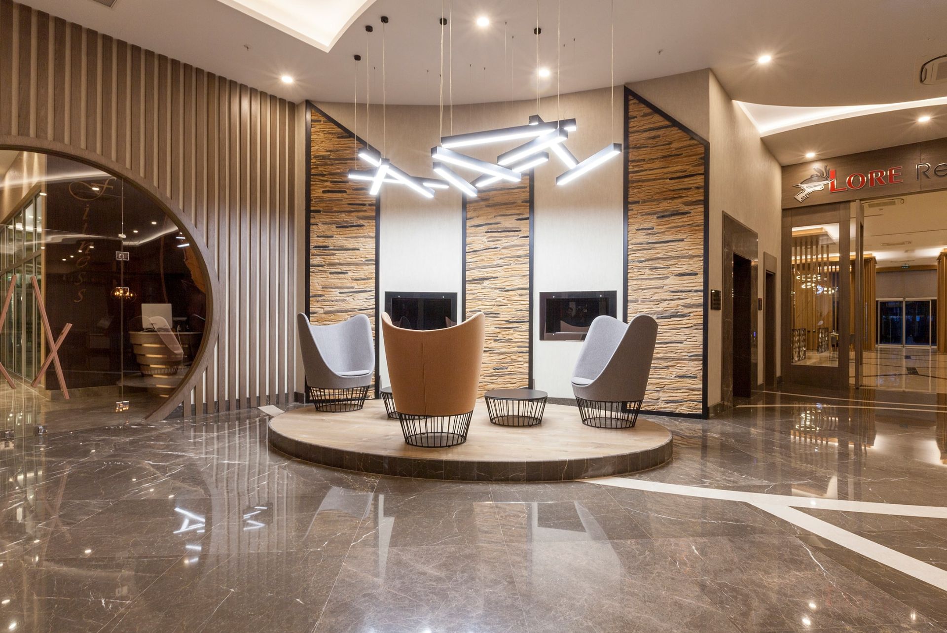 Elegant hotel lobby with stylish seating areas, modern lighting and exclusive design