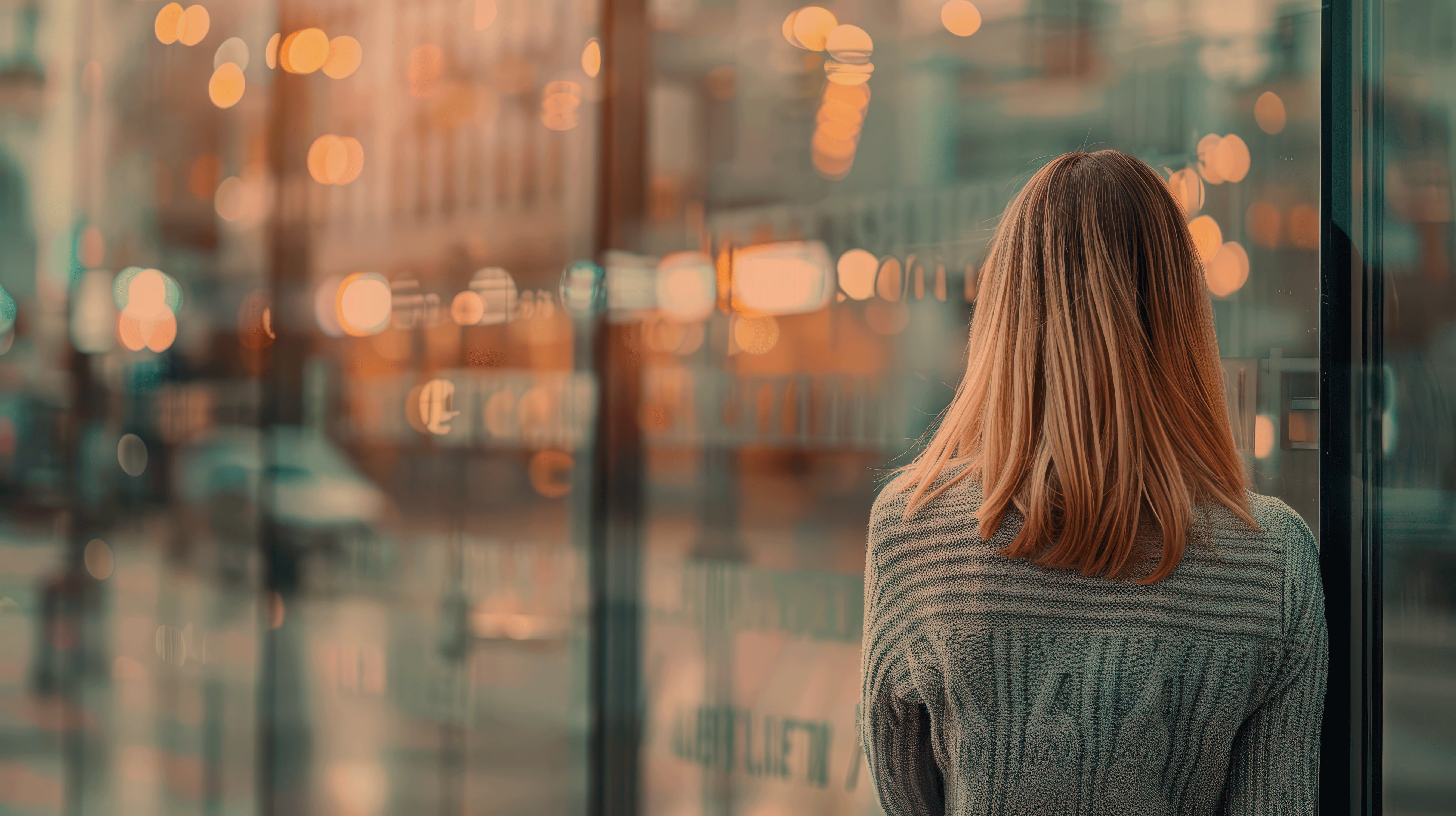 Woman with curly hair looks through a glass facade at a cityscape in the warm evening light